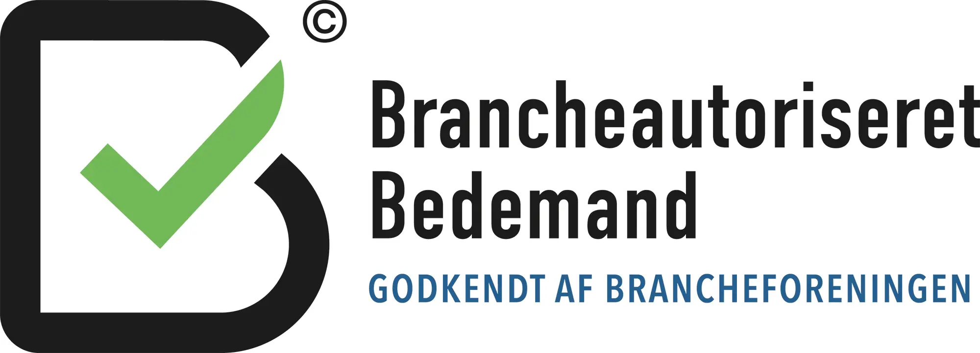 Brancheautoriseret Bedemand logo med grøn checkmark og tekst om godkendelse af brancheforeningen.