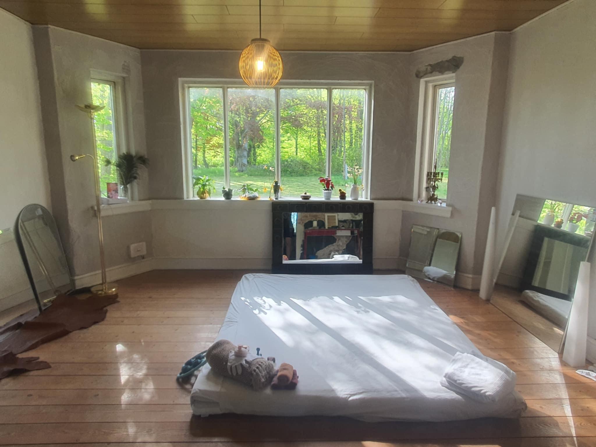 Lyst værelse med en madras på gulvet, store vinduer og planter, der giver en hyggelig atmosfære.