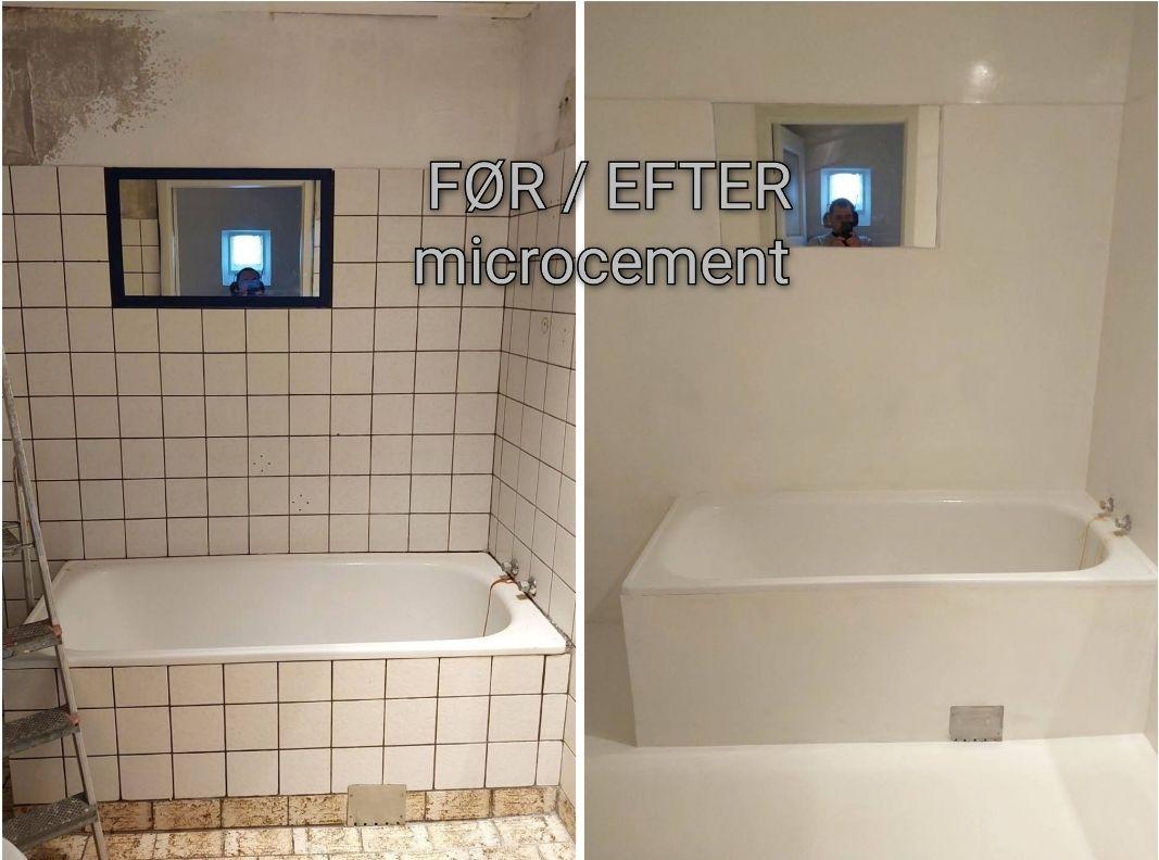 Før- og efterbillede af et badeværelse med microcement, der viser en renoveret badekar og væg.
