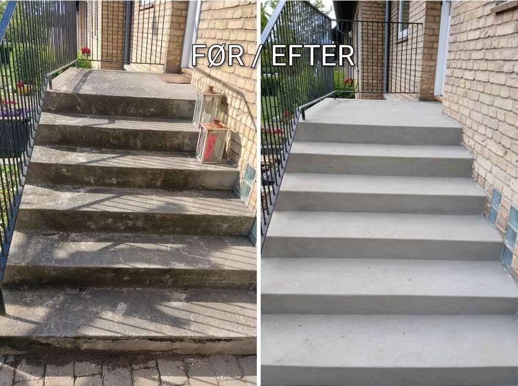 Før-efter billede af trapper, der viser renovering fra beskidte til ny, glat betonoverflade.