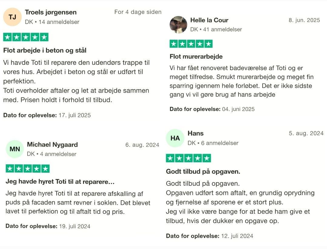 Anmeldelser af Toti, der tilbyder reparationer og betonarbejde, med fokus på kundetilfredshed og kvalitet.