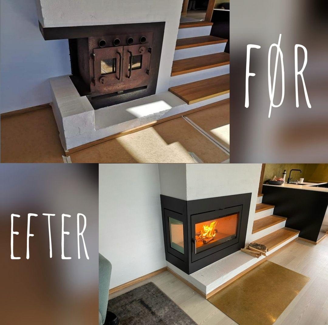 Billede af en pejs før og efter renovering, med en moderne sort pejs og trappe i et lyst rum.