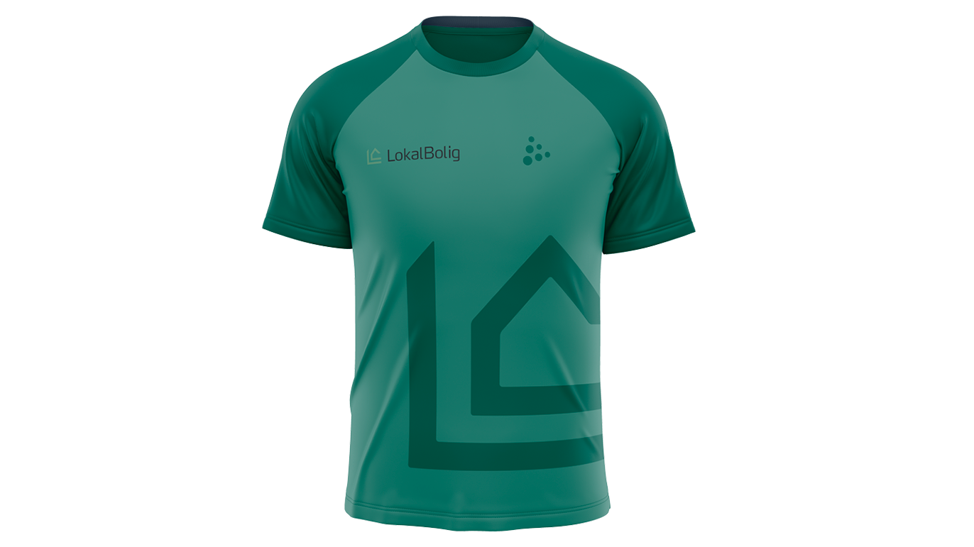 Grøn sportstrøje med logo og geometrisk mønster, ideel til træning og fritidsbrug.