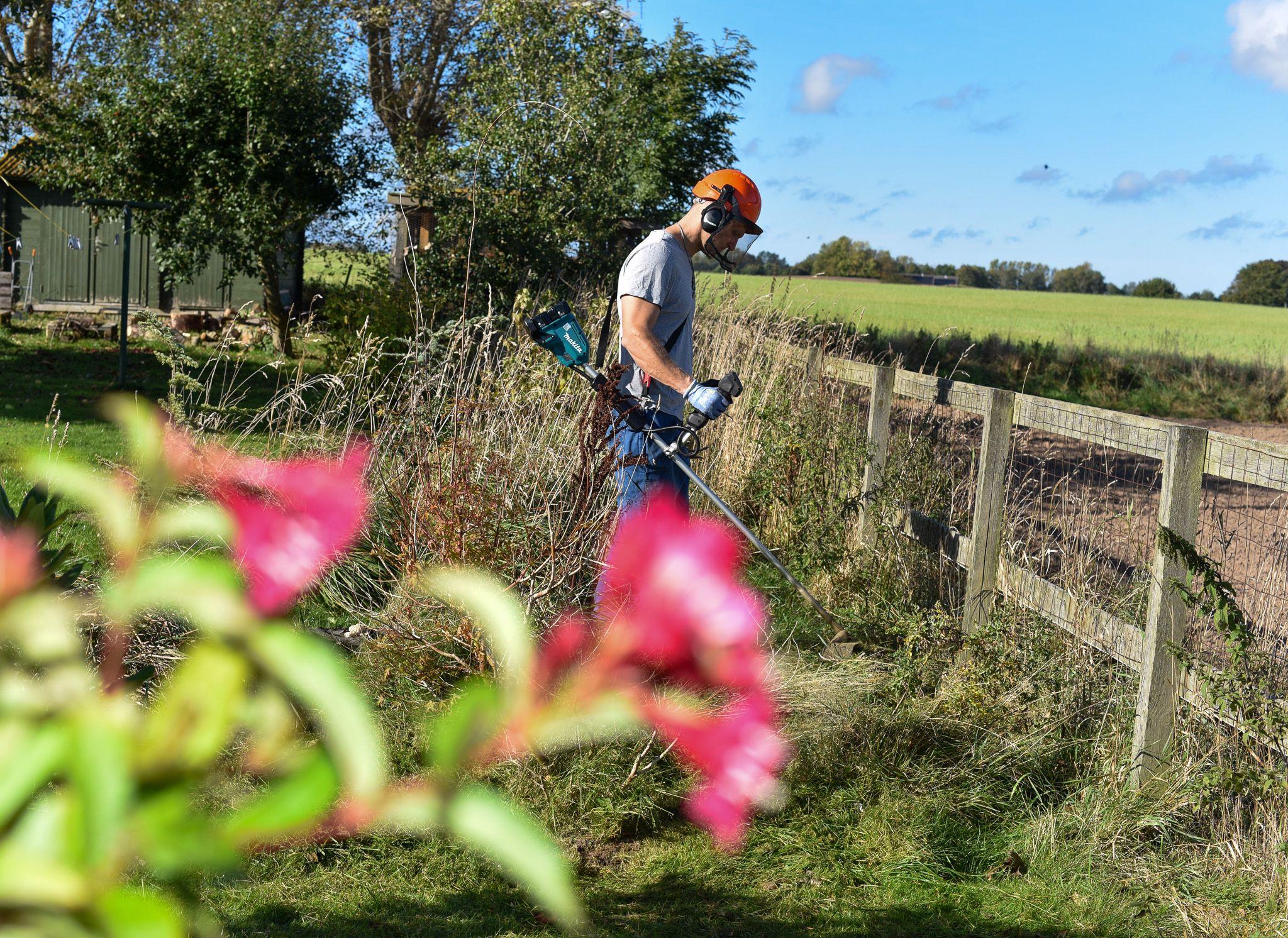 En mand klipper græs ved en hegn med en græstrimmer, omgivet af grønne marker og blomster i forgrunden.