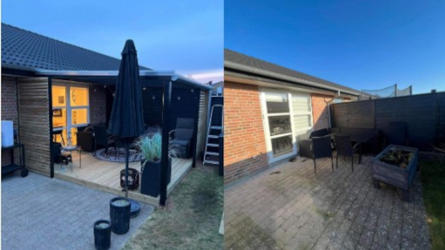 Udsigt over en terrasse med havemøbler og parasol, beliggende ved en murstensvæg i et roligt område.