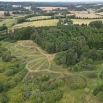 Luftfoto af et frodigt landskab med skov, marker og stier i det danske landskab.