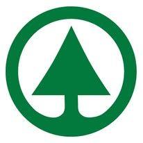 Grøn cirkel med et stiliseret grantræ i midten, symboliserer natur og bæredygtighed.