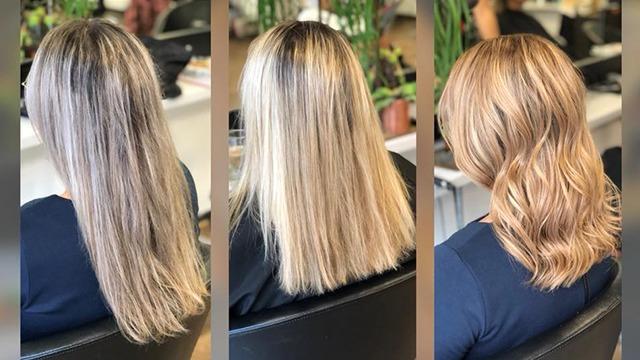 Før- og efterbillede af hårstyling med glat, sundt hår og bølger i forskellige længder.