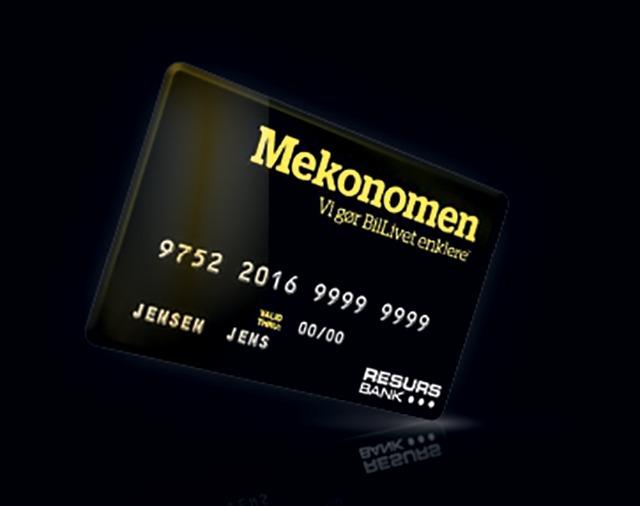 Et kreditkort fra Mekonomen med sort baggrund og guldtekst, udstedt af Resurs Bank.