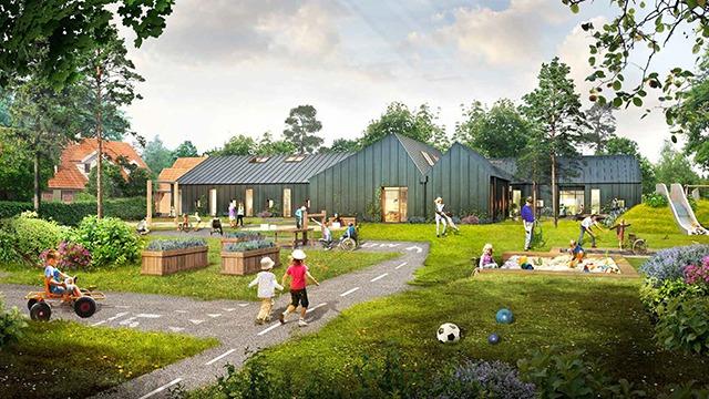 Børnehave med legeplads, børn der leger, grønne områder og moderne bygninger i baggrunden.