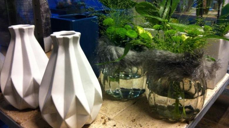 To vaser i hvid keramik med geometrisk design og planter i glasbeholdere med vand og mos.