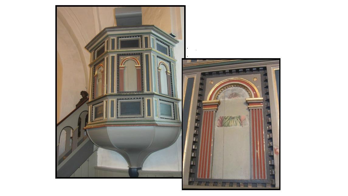 Detaljeret udsigt af en smukt dekoreret prædikestol og vægmaleri i en kirke.