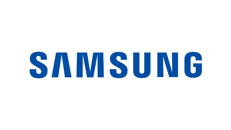 Samsung logo i blå farve på hvid baggrund.