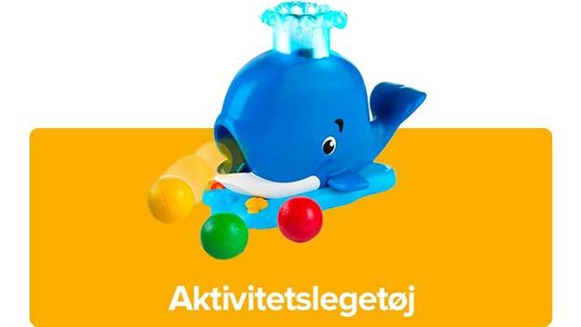 Blå hval aktivitetslegetøj med farverige kugler og vandfunktion til børn.