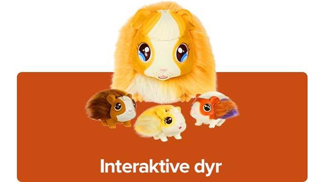 Interaktive dyr i blødt materiale, herunder en hamster og tre små gnavere i forskellige farver.