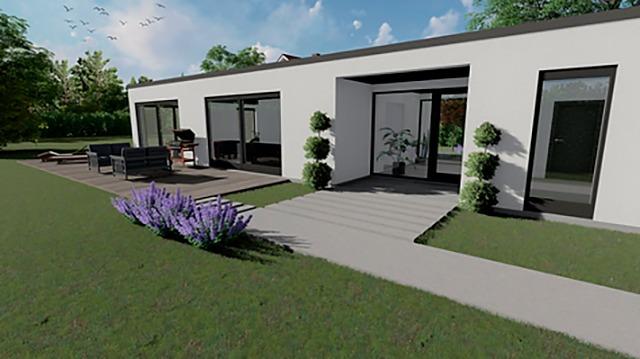 Moderne hus med store vinduer, terrasse og grøn have med lavendel og buske.