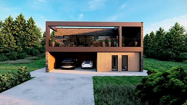 Moderne hus med to etager, garage til biler og stor terrasse omgivet af grønne træer.