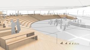 Moderne indendørs arena med trætribuner og mennesker, der interagerer i et åbent rum.