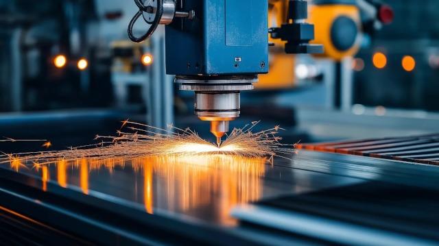 En laserskærer i aktion, der skaber gnister på en metalplade i et moderne værksted.