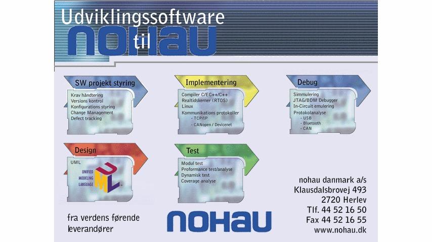 Udviklingssoftware til Nohau med information om forskellige tjenester som implementering og test.