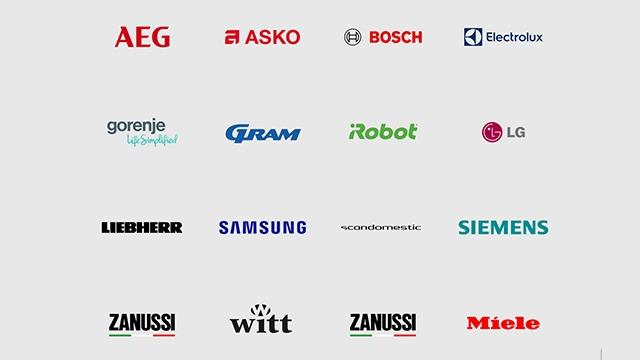 Logoer fra forskellige husholdningsapparatmærker som AEG, Bosch, LG, Samsung og Miele.