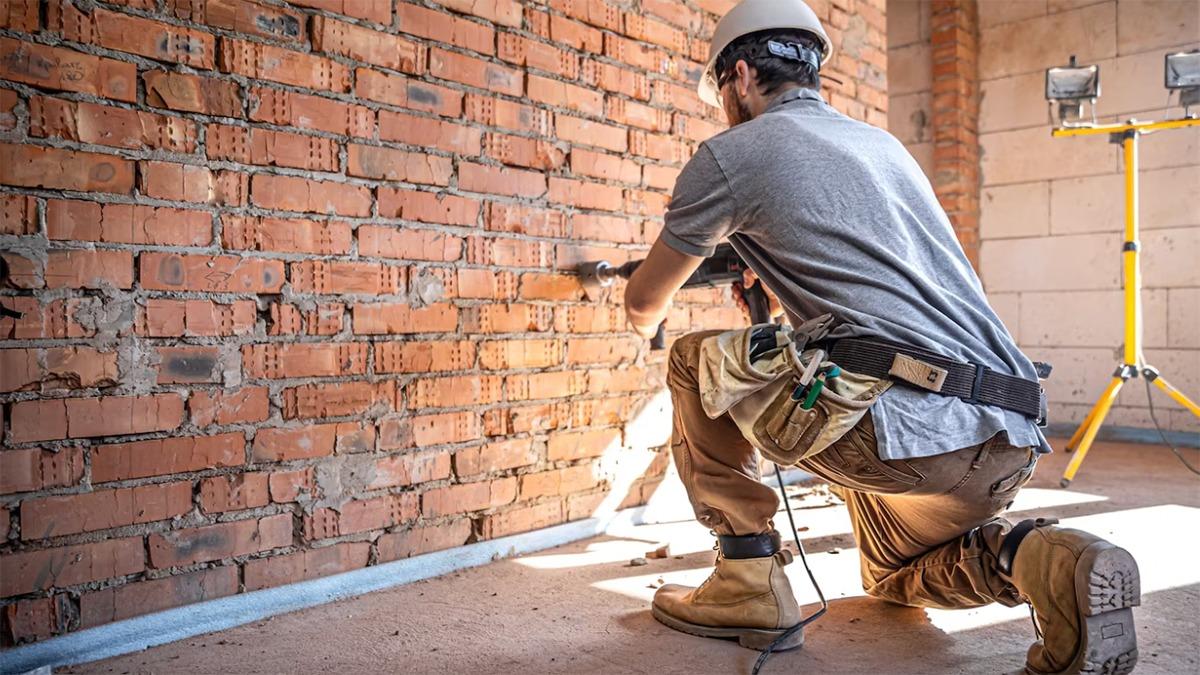 En håndværker arbejder på en mur af mursten, mens han knæler og bruger værktøj til at forberede overfladen.