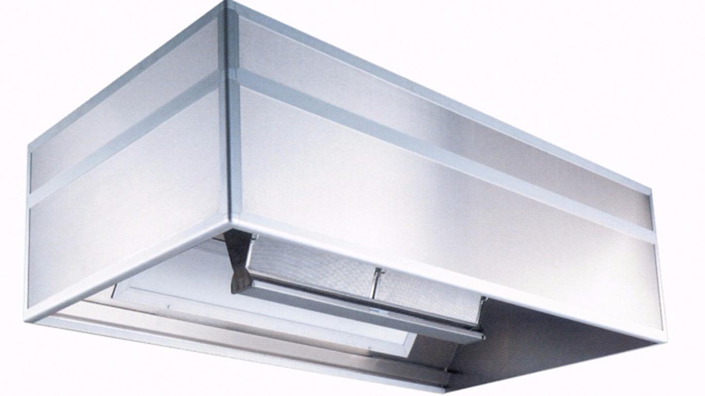 Køkkenventilator i rustfrit stål med moderne design og effektiv luftcirkulation.
