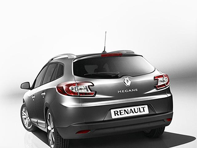 Bagfra af en grå Renault Mégane, der står på en lys baggrund. Bilen har en moderne design og tydelig logo.