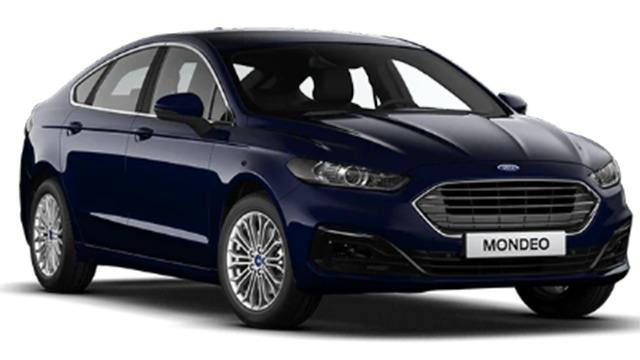 En mørkeblå Ford Mondeo med sølvfælge set fra siden.
