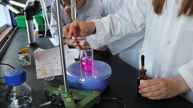 En elev i laboratoriefrakke hælder pink væske fra en kolbe i et begerglas under et eksperiment.