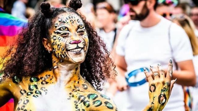 Kvinde med leopardmaling og krøller, der danser til en fest med farverige mennesker i baggrunden.