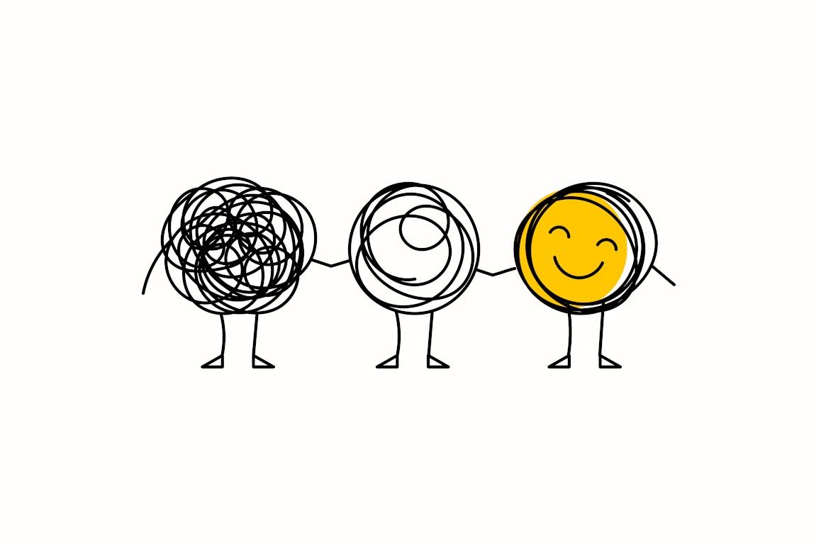 Tre enkle figurer holder hænder, hvoraf den ene er en krøllet bold, den anden en cirkel, og den tredje en glad smiley.