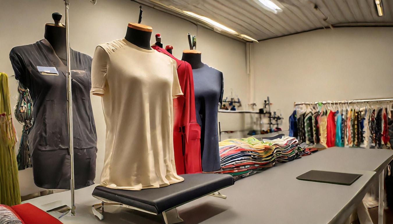 En tøjbutik med mannequiner iført forskellige bluser og en bunke farverige t-shirts på et bord.