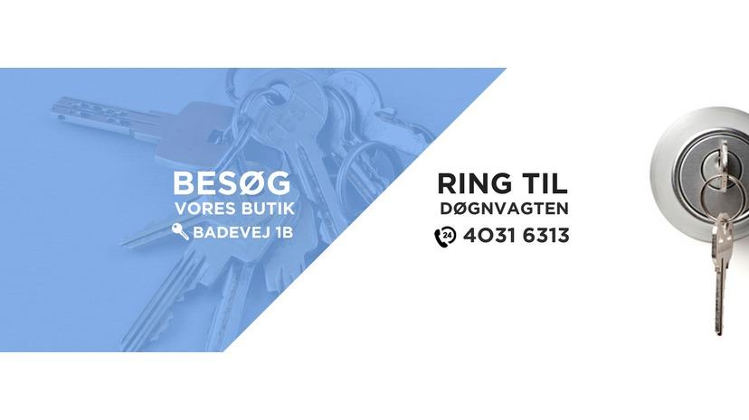 Nøglebundt med nøgler og lås, reklame for butik med kontaktinformation og adresse.