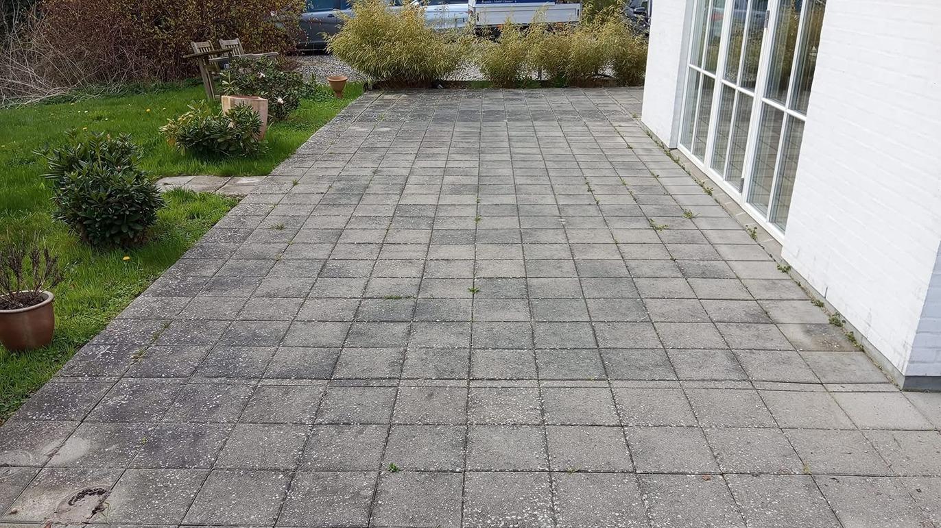 En flisebelagt terrasse med græs og buske i baggrunden ved en bygning.