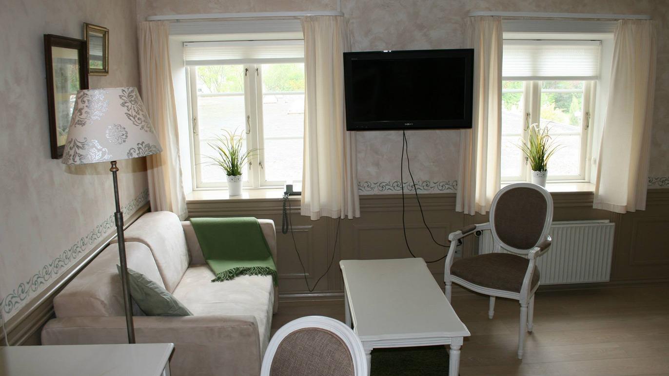 Stue med sofa, stol, tv og vinduer med planter, der skaber en lys og indbydende atmosfære.