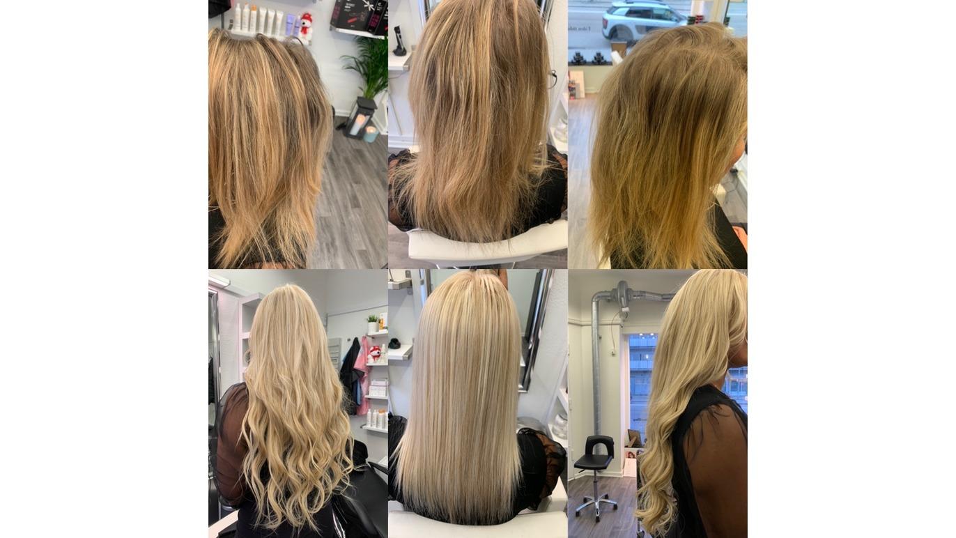Før- og efterbilleder af hårstyling med bløde bølger og glat, lyst hår i en frisørsalon.