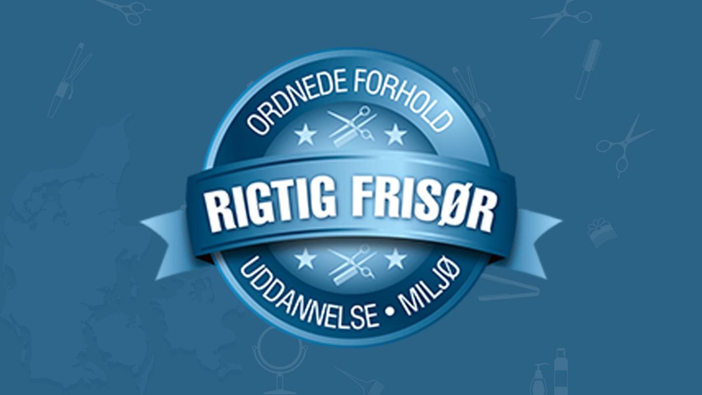 Logo for "Rigtig Frisør" with text om ordnede forhold, uddannelse og miljø, på blå baggrund med saks og frisørredskaber.