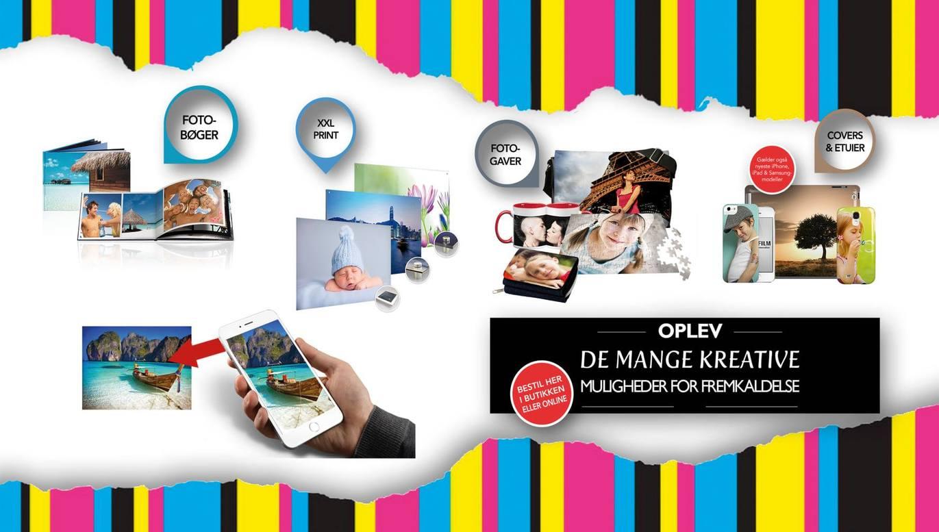 Oplev kreative muligheder med billeder, fotobøger og personlige gaver i farverig grafik.