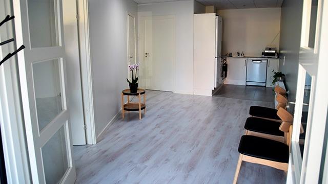En lys stue med en lille plante, en rund bord og stole, samt et åbent køkken i baggrunden.