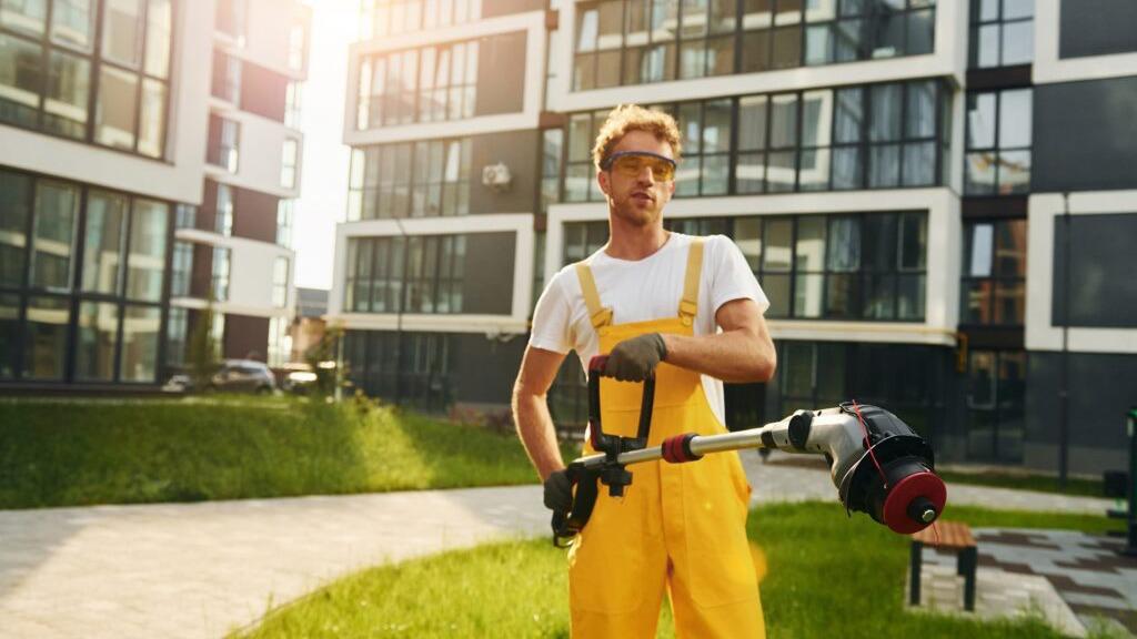 En mand i gule overalls står med en græstrimmer foran moderne bygninger i et grønt område.