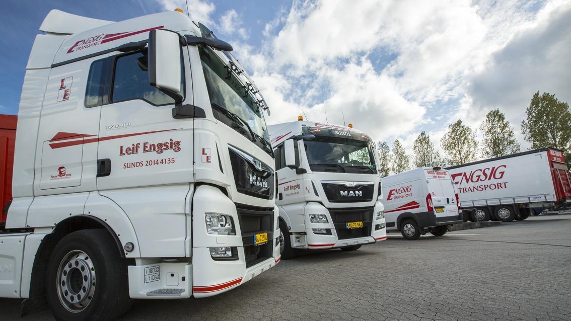Tre lastbiler fra Leif Engsig parkeret på en rasteplads med blå himmel og skyer i baggrunden.