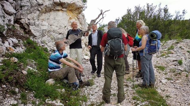En gruppe mennesker på vandretur i naturen, omgivet af klipper og grøn vegetation.