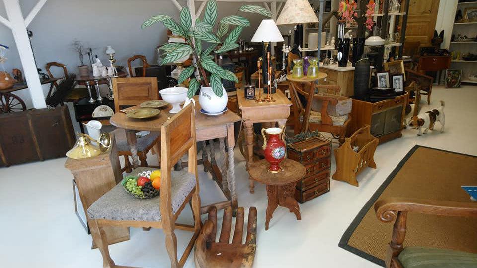 En samling af antikke møbler og dekorationer i en butik, herunder stole, borde, lamper og planter.