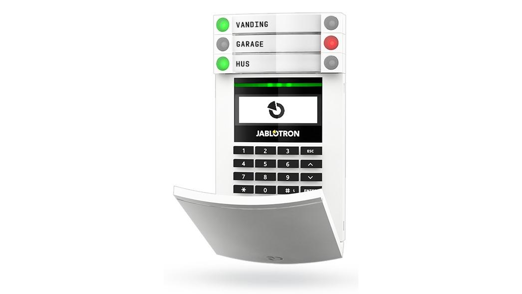 Et moderne alarmsystem med knapper, indikatorlys og en skærm til statusvisning.