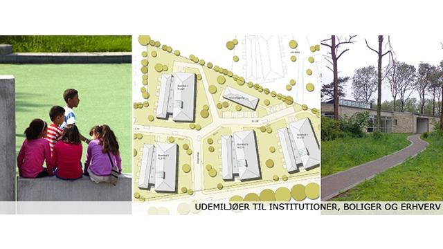 Børn sidder på en betonmur, mens et kort viser udendørsarealer til institutioner og boliger.