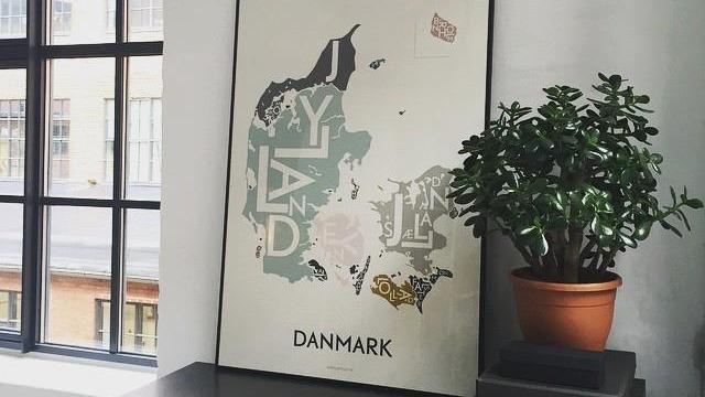 Plakat af Danmark med farver og tekst, stående ved siden af en potteplante i et lyst rum.