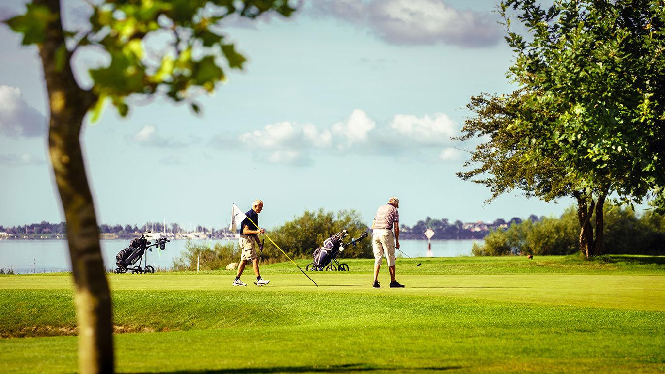 To golfspillere på en grøn golfbane ved vandet, omgivet af træer og golfvogne.