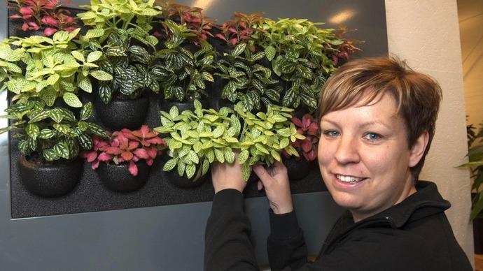 Kvinde plejer grønne planter på en væg med potter, omgivet af farverige planter i forskellige nuancer.