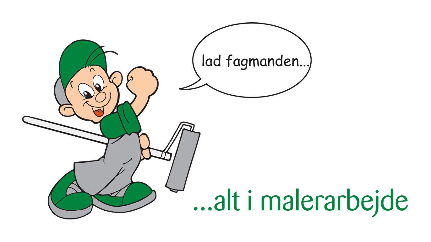 En tegneseriefigur med malerrulle, der opfordrer til at lade fagmanden klare malerarbejdet.